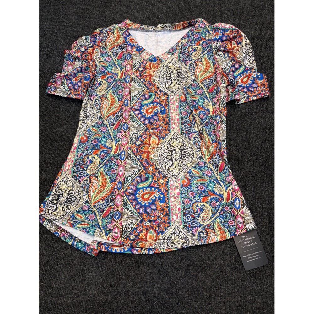 IECCP Women Paisley‎ Print V-Neck Puff Sleeve Blouse Multicolor Boho Top Small